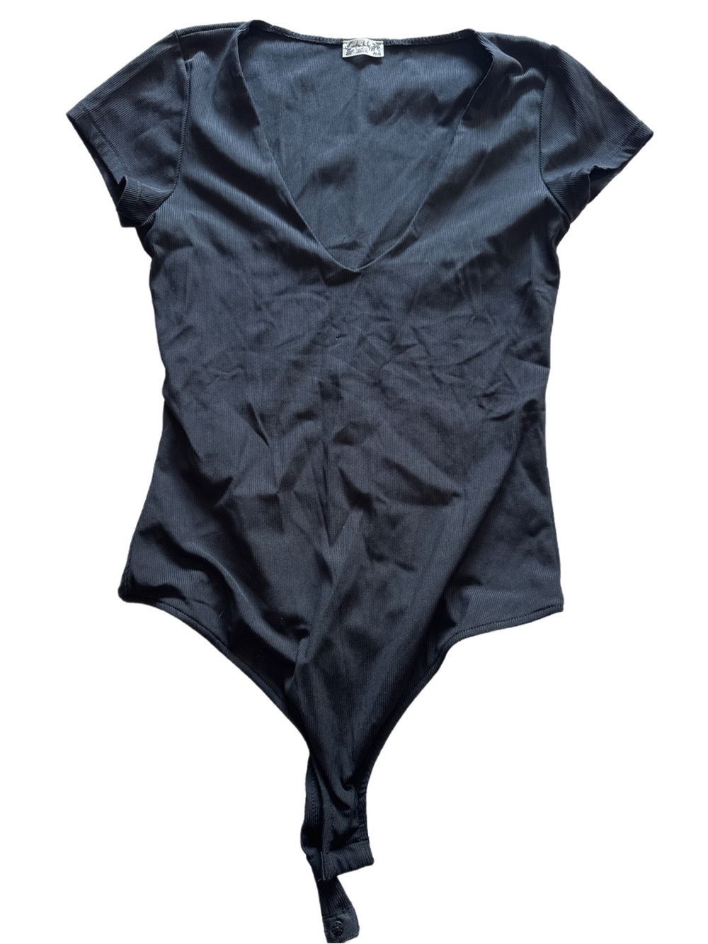 Free People Black V-Neck Short Sleeve Bodysuit Ribbed Medium